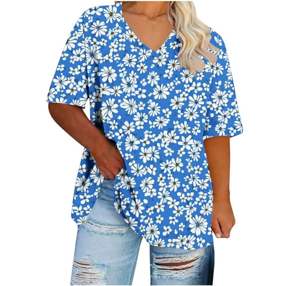 Anqov T Shirts for Women, Plus Size Fashion Print Short Sleeve V Neck Loose Fitting Shirt, Daily Oversized Vintage Comfortable Casual Lightweight Summer Tops