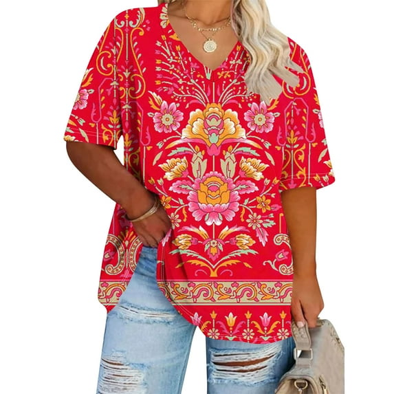 Anqov T Shirts for Women, Plus Size Fashion Print V Neck Short Sleeve Loose Fitting Tops, Daily Vintage Oversized Comfortable Lightweight Casual Summer Shirt