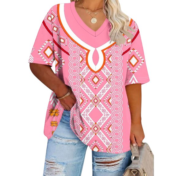 Anqov T Shirts for Women, Plus Size Fashion Print V Neck Short Sleeve Loose Fitting Tops, Daily Vintage Oversized Comfortable Lightweight Casual Summer Shirt