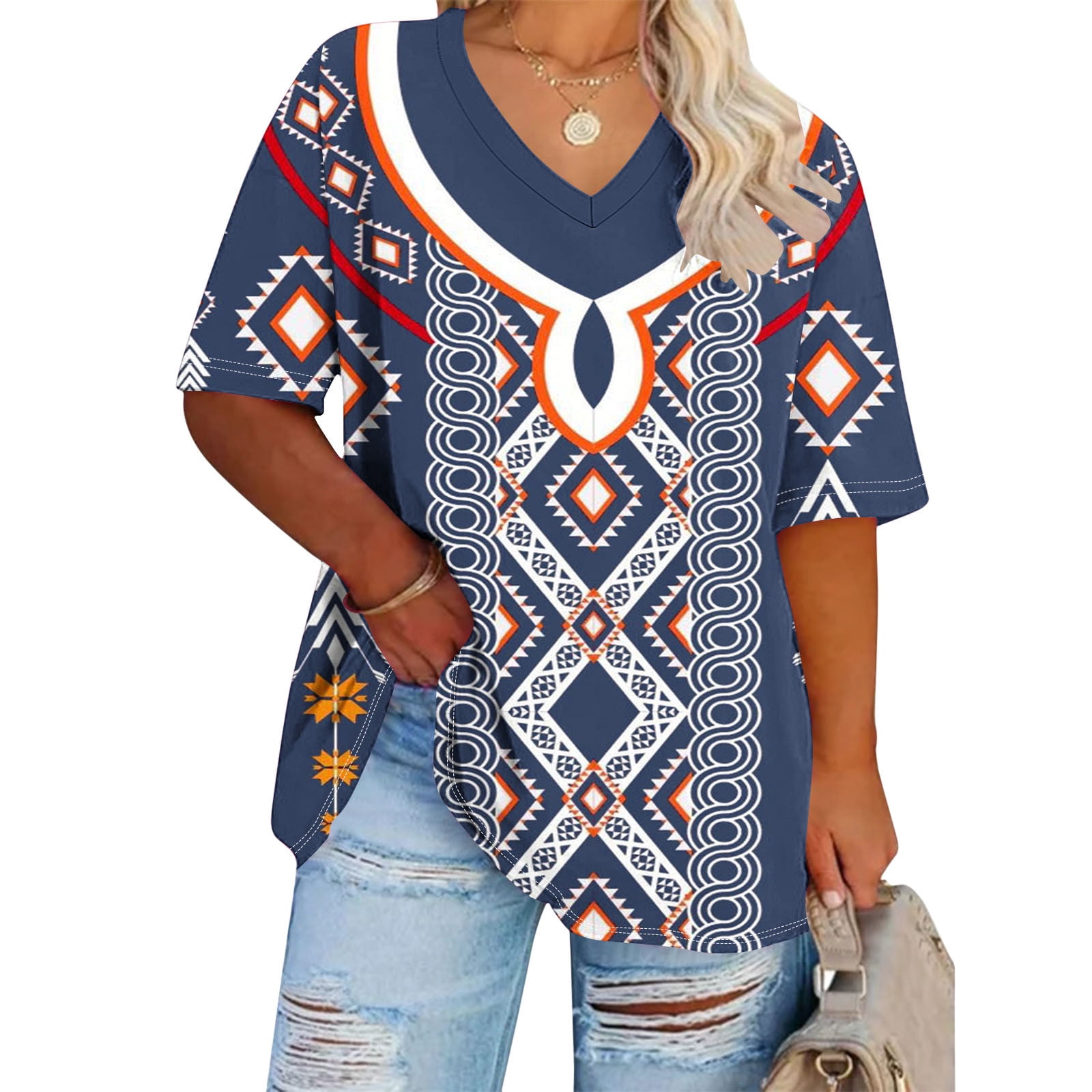 Anqov T Shirts for Women, Plus Size Fashion Print V Neck Short Sleeve ...