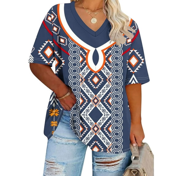 Anqov T Shirts for Women, Plus Size Fashion Print V Neck Short Sleeve Loose Fitting Tops, Daily Vintage Oversized Comfortable Lightweight Casual Summer Shirt