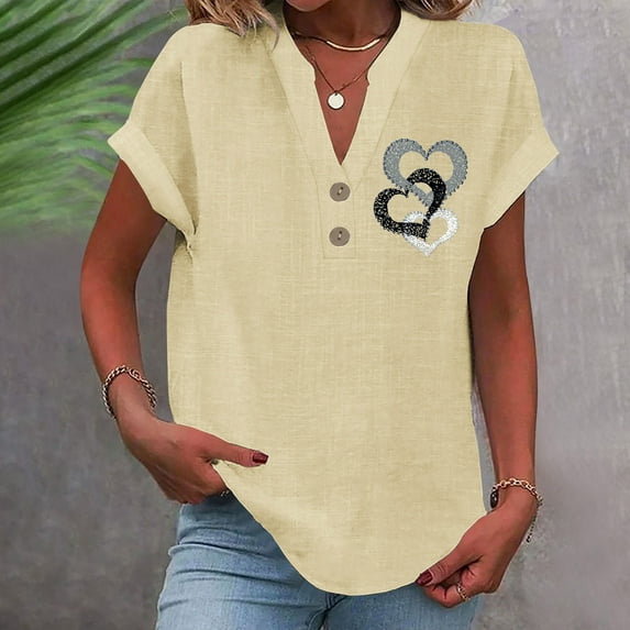 Anqov T Shirts for Women, Solid Color V Neck Collar Button Short Sleeve Loose Tops with Front Print, Daily Fashion Casual Summer Beach Breathable Shirts