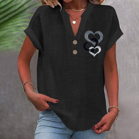 Anqov T Shirts for Women, Solid Color V Neck Collar Button Short Sleeve Loose Tops with Front Print, Daily Fashion Casual Summer Beach Breathable Shirts