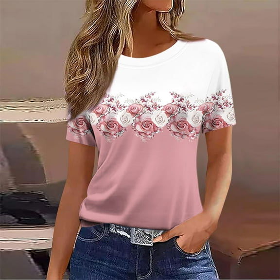 Anqov T Shirts for Women, Fashion Print Short Sleeve Crew Neck Loose Fit Shirt Graphic Tees, Daily Casual Comfortable Lightweight Summer Beach Tops