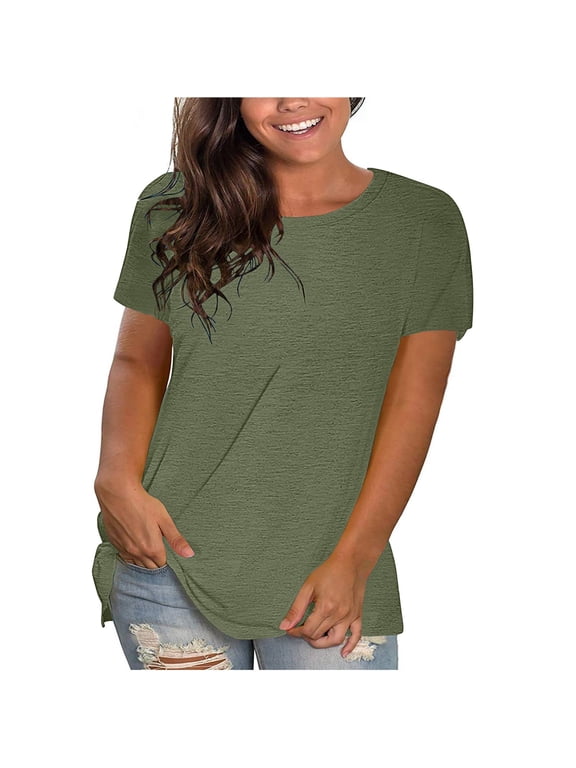 Anqov T Shirts for Women, Solid Color Short Sleeve Round Neck Relaxed Fitting Basic Tops, Daily Trendy Cozy Soft Casual Summer Shirts
