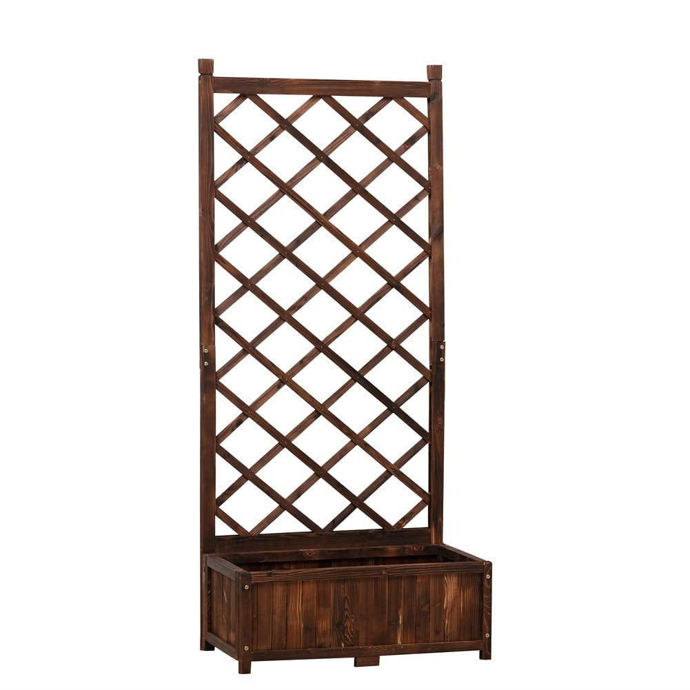 Brown Cedar Wood Raised Planter Box with Trellis
