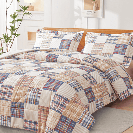 Beartech 3 Piece Comforter Set Full/Queen Size,Beige Plaid Patchwork Comforter Bedding Set for All Season, Bed in a Bag with Pillowcases
