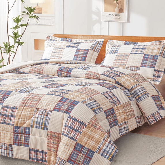 Beartech 3 Piece Comforter Set Full/Queen Size,Beige Plaid Patchwork Comforter Bedding Set for All Season, Bed in a Bag with Pillowcases