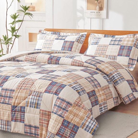 Beartech 3 Piece Comforter Set Full/Queen Size,Beige Plaid Patchwork Comforter Bedding Set for All Season, Bed in a Bag with Pillowcases