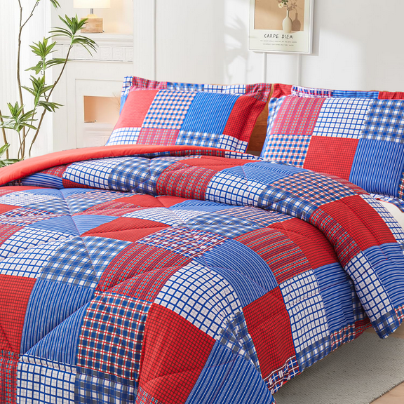 Beartech 3 Piece Comforter Set Full/Queen Size,Red Blue Plaid Patchwork Comforter Bedding Set for All Season, Bed in a Bag with Pillowcases