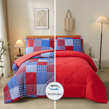 Anray Home 3 Piece Comforter Set King Size,Red Blue Plaid Patchwork Comforter Bedding Set for All Season, Bed in a Bag with Pillowcases