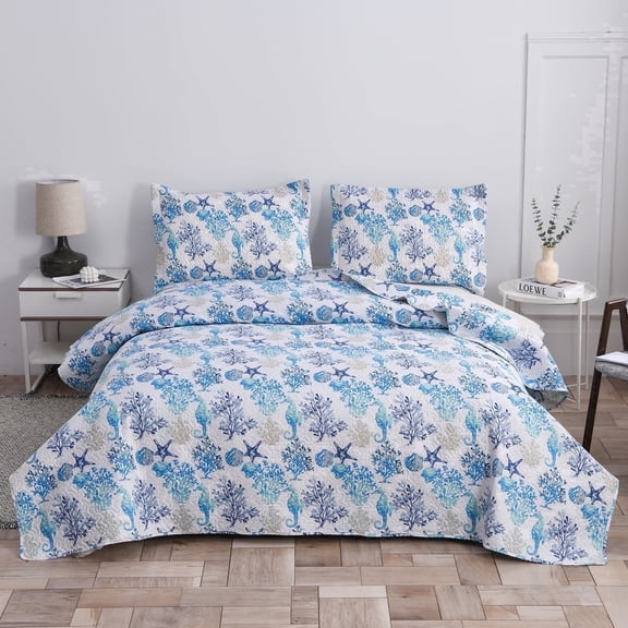 Beartech 3-Pieces Blue White Starfish Ocean Quilt Bedding Sets, Queen