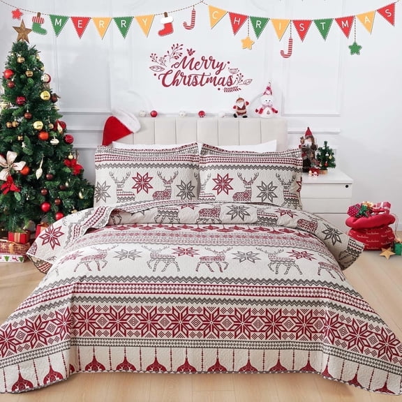Beartech 3Pcs Christmas Quilt Set Queen Size Holiday Xmas Bedding Set Elk Snowflake Decor Gift Microfiber Bedding Bedspread Soft Christmas Quilts Bedspread