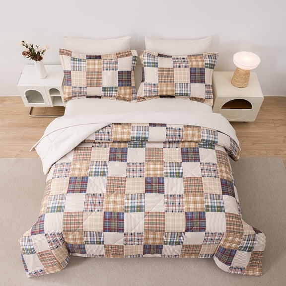 Beartech 7 Piece Comforter Set-Beige Plaid Luxury Soft Bed Set,Reversible Patchwork King Size Bedding Set for All Season,Bed in a Bag with Down Alternative Comforter,Sheets,Pillowcases & Shams