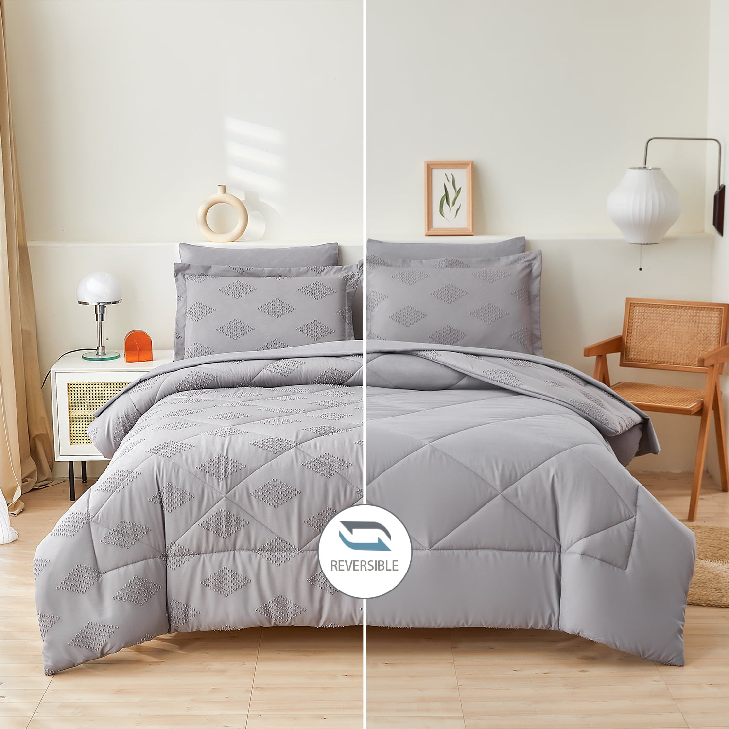 Anray Home 7 Piece Comforter Set Queen Size, Gray Plaid Patchwork