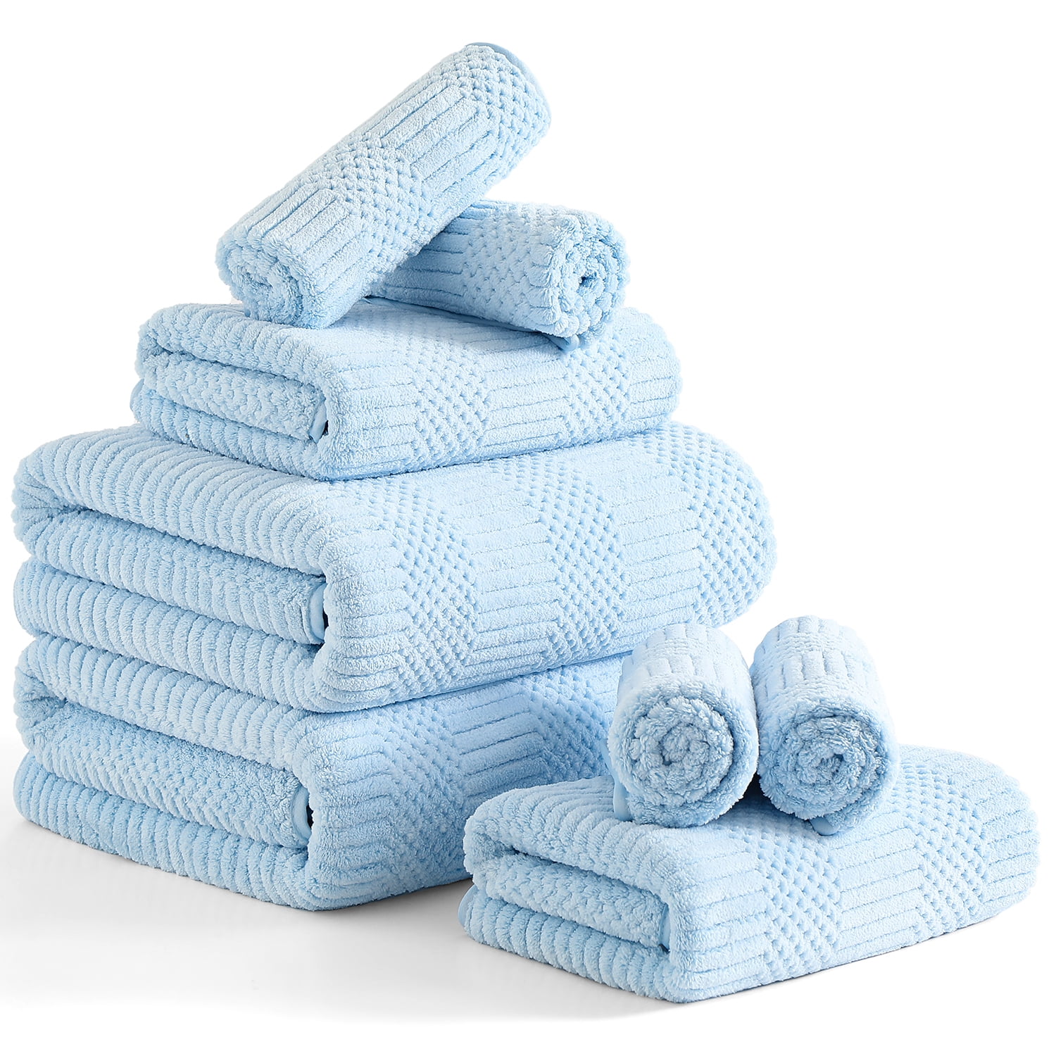 Beartech 8 Piece Microfiber Bath Towel Set,700GSM Quick Dry & Less Lint, 2 Oversized Bath Towels, 2 Towels & 4 Washcloths,Highly Absorbent,Ultra Soft Shower Towel For Bathroom Hotel-Blue