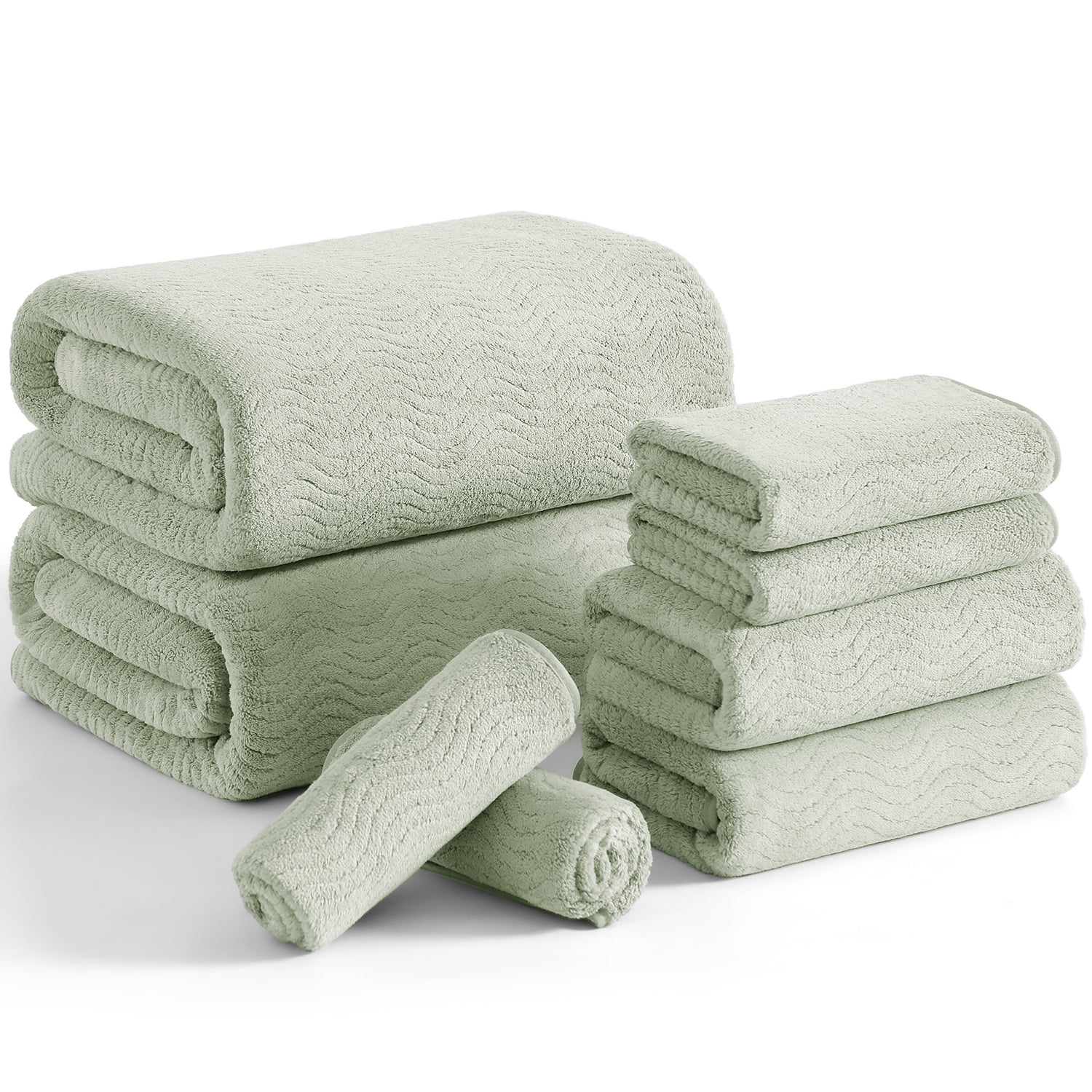 Beartech 8 Piece Microfiber Bath Towel Set ,2 Oversized Bath Sheet,2 Hand Towels,4 Washcloths, Extra Large, Soft & Less Lint Bathroom Towels Highly Absorbent Quick Dry Towels-Light Green