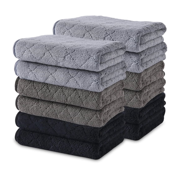 Beartech Microfiber Washcloths 12 Pack,13"x13" Quick Dry Ultra Soft and Highly Absorbent Washcloths for Bathroom,Kitchen Dish Towels -Gray Brown Black