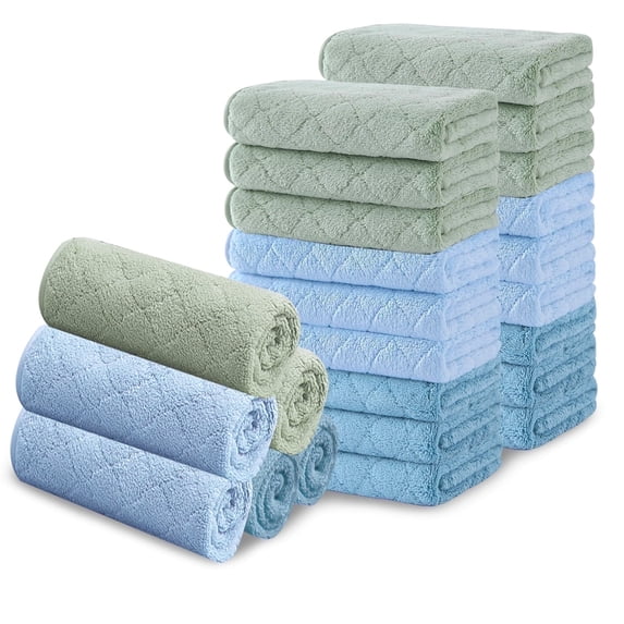 Beartech Microfiber Washcloths 24 Pack,13"x13" Quick Dry Ultra Soft and Highly Absorbent Washcloths for Kitchen Dish Towels -Blue Turq Green