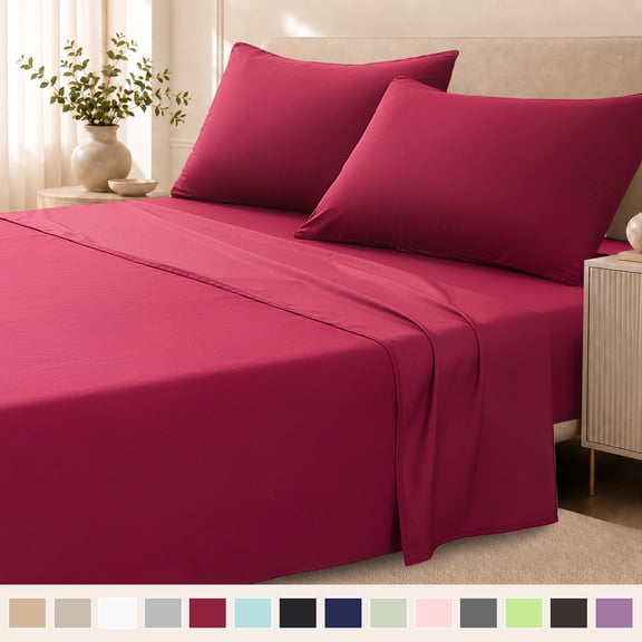Beartech Polyester Bed Sheets Set 4 Piece King Size Sheet Set, Soft & Lightweight And Breathable Bedding Set, Fitted Sheet, Flat Sheet & 2 Pillowcases-Wine Red