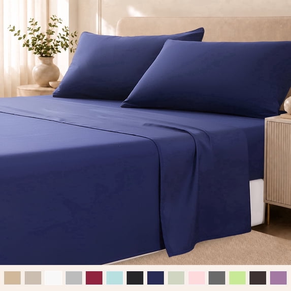 Beartech 4-Piece Microfiber King Size Bed Sheets Set, Soft Breathable, 14-Inch Deep Pocket Fitted Sheet, Flat Sheet & 2 Pillowcases, Dark Blue
