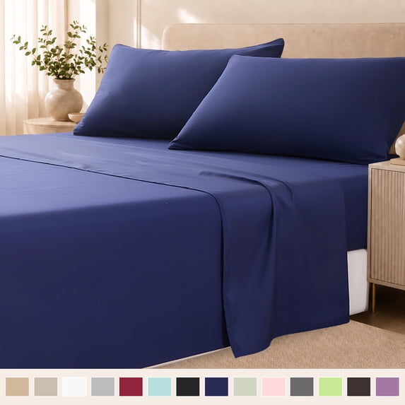 Beartech Polyester Bed Sheets Set 4 Piece King Size Sheet Set, Soft & Lightweight And Breathable Bedding Set, Fitted Sheet, Flat Sheet & 2 Pillowcases-Dark Blue