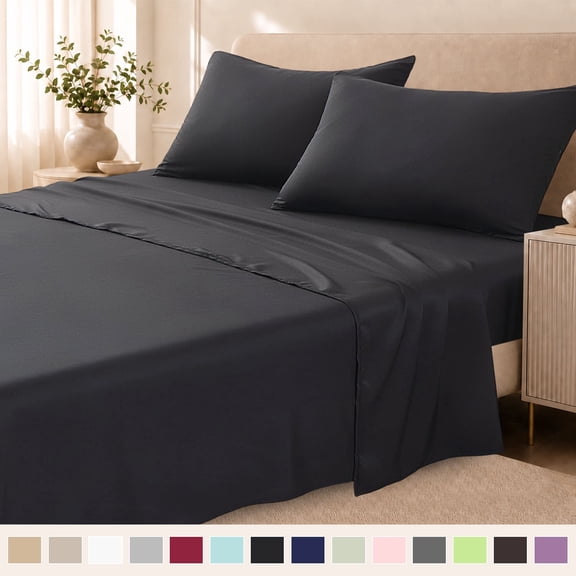 Beartech Polyester Bed Sheets Set 4 Piece Queen/Full Size Sheet Set, Soft & Lightweight And Breathable Bedding Set, Fitted Sheet, Flat Sheet & 2 Pillowcases-Black
