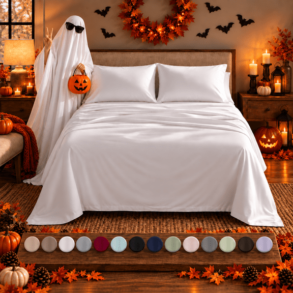 Beartech Microfiber Sheet Set, 4-Piece, Twin, White, 14-inch Deep Pocket, Flat Sheet for DIY Halloween Ghost Decor
