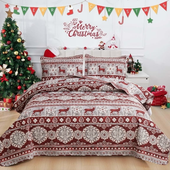 Beartech Christmas Quilt Set Queen Bedspread Rustic Quilt Bedding Xmas Holiday Bedding Cabin Lodge Bed Set Lightweight Bedspread Coverlet Soft Microfibers Bedding Home Reversible