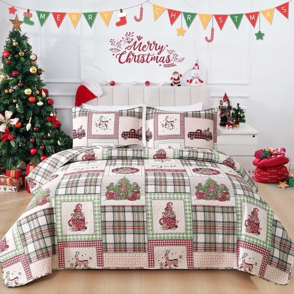 Beartech Christmas Quilt Set Twin Size Christmas Quilt Xmas Holiday Bedding Lightweight Bedspread Coverlet Soft Microfibers Quilt Bedding Floral Plaid Patchwork Reversible Quilt