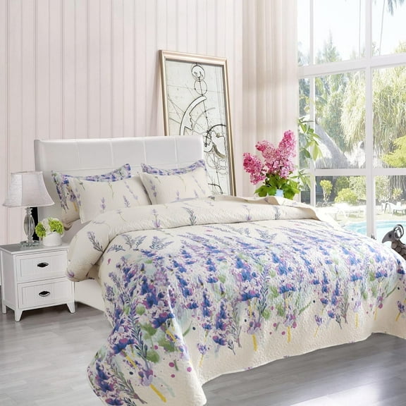 Beartech Floral Quilt Set King Size Purple Hyacinth Butterfly Quilt Lightweight Reversible Microfiber Bedspread Coverlet Bedding Set