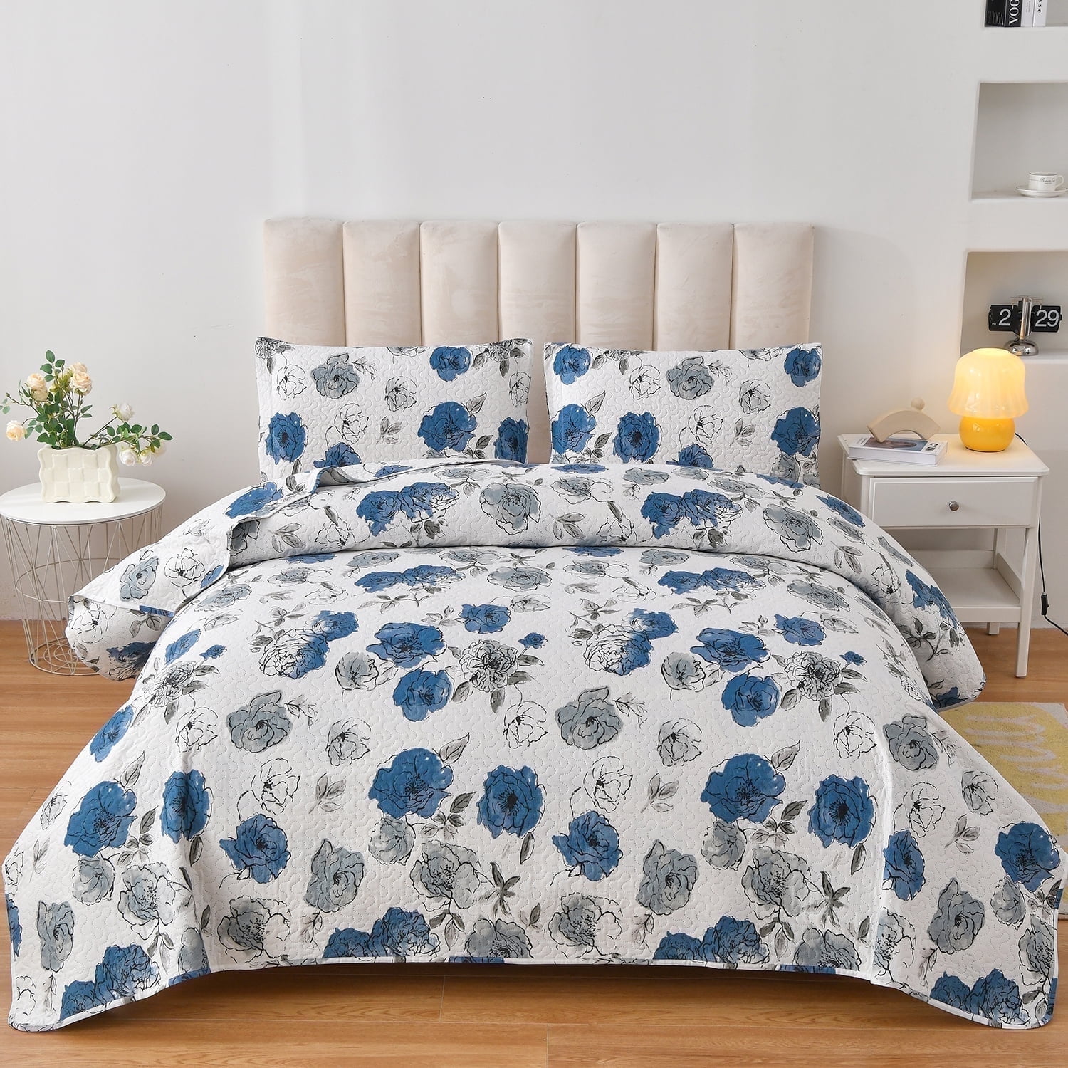 Anray Home Floral Quilt Set Queen Size Blue White Flower Quilt ...