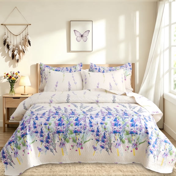 Beartech Floral Quilt Set Queen Size Purple Hyacinth Butterfly Quilt Lightweight Reversible Microfiber Bedspread Coverlet Bedding Set