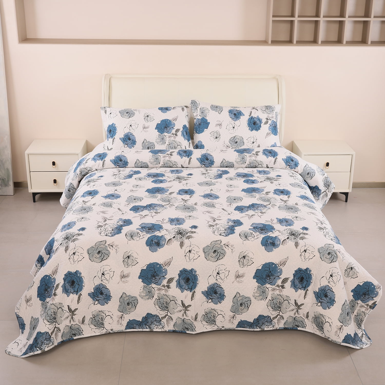 Anray Home Floral Quilt Set Twin Size Blue White Flower Quilt