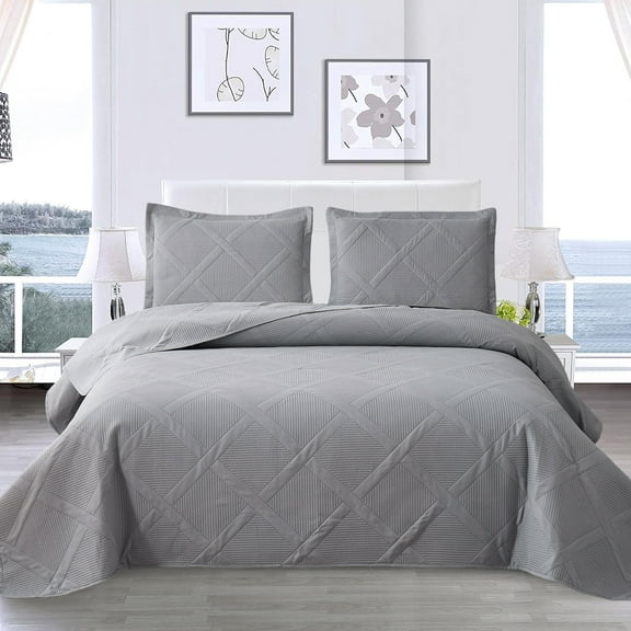 Beartech Gray Quilt King Size Floral Bedding Microfiber Bedspread Coverlet Set