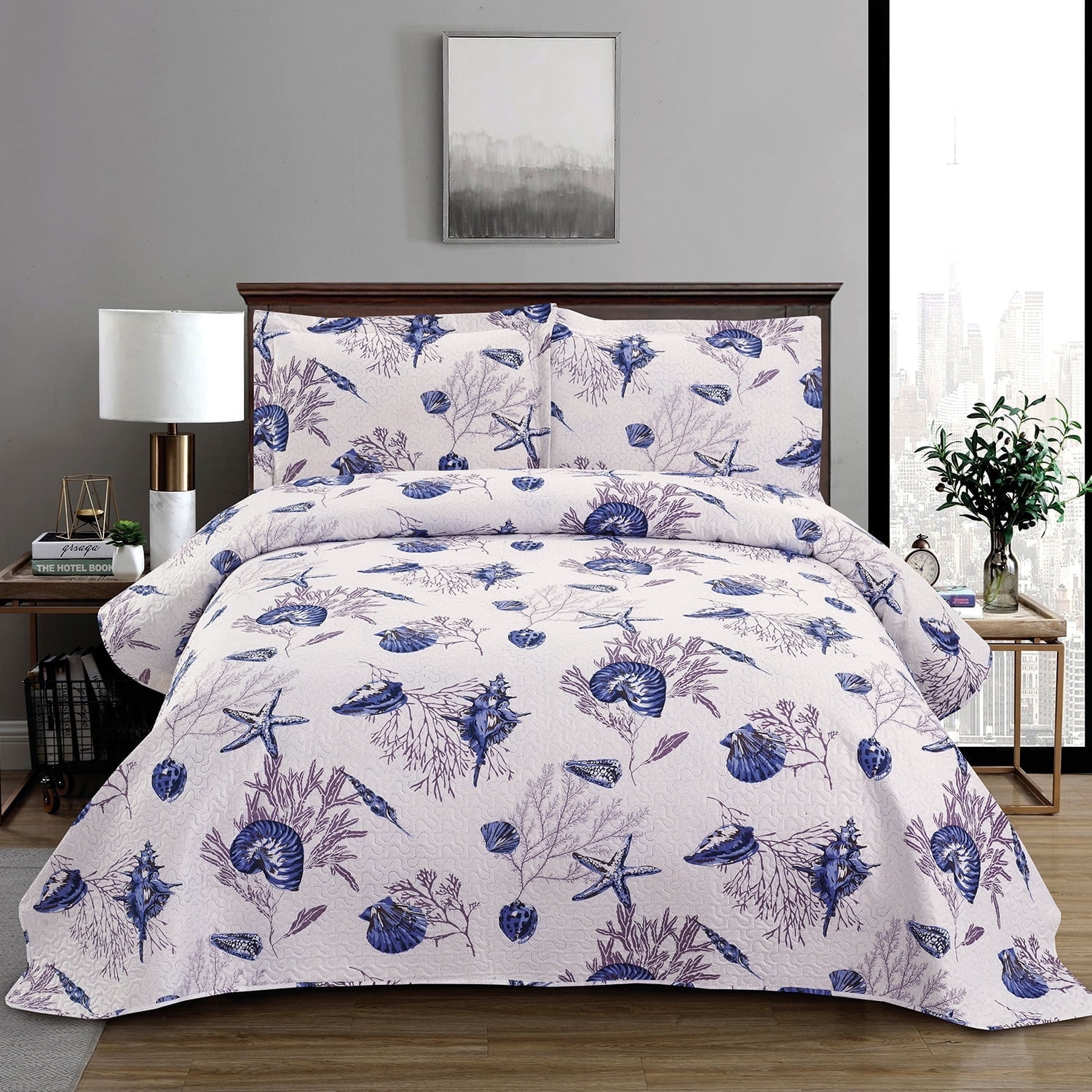 Beartech Ocean Quilt Set King Size White Dark Purple Conch Quilt Lightweight Reversible Microfiber Bedspread Coverlet Cabin Bedding Set