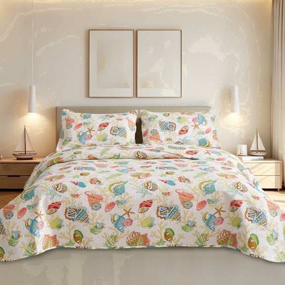 Beartech Ocean Quilt Set Queen Size Quilt Lightweight Reversible Microfiber Bedspread Coverlet Bedding Set