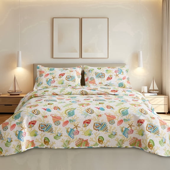 Beartech Ocean Quilt Set Queen Size Quilt Lightweight Reversible Microfiber Bedspread Coverlet Bedding Set