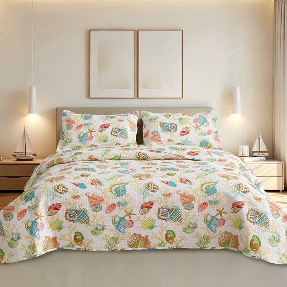 Beartech Ocean Quilt Set Queen Size Quilt Lightweight Reversible Microfiber Bedspread Coverlet Bedding Set