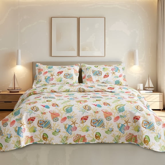 Beartech Ocean Quilt Set Queen Size Quilt Lightweight Reversible Microfiber Bedspread Coverlet Bedding Set