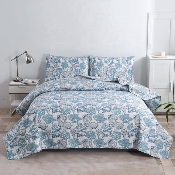 Beartech Ocean Quilt Set Queen Size Underwater World Quilt Lightweight Microfiber Bedspread Cabin Bedding Set