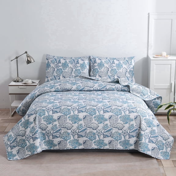 Beartech Ocean Quilt Set Queen Size Underwater World Quilt Lightweight Microfiber Bedspread Cabin Bedding Set