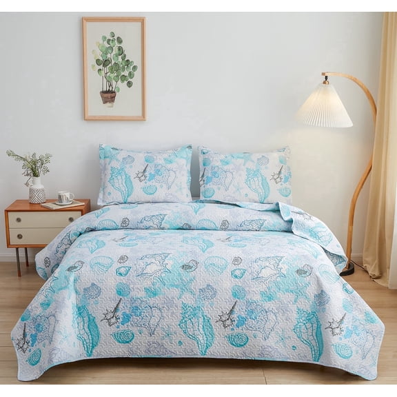 Beartech Ocean Quilt Set Twin Size Quilt Lightweight Reversible Microfiber Bedspread Coverlet Bedding Set