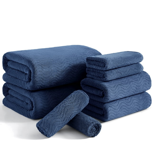 Beartech 8 Piece Microfiber Bath Towel Set ,2 Oversized Bath Sheet,2 Hand Towels,4 Washcloths, Extra Large, Soft & Less Lint Bathroom Towels Highly Absorbent Quick Dry Towels-Navy Blue