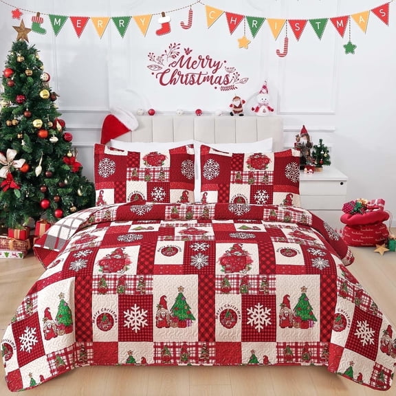 Beartech Queen/Full Size Christmas Quilt Set Microfiber Bedspread Coverlet Set,Xmas Bedspread Set Red Deer Soft Christmas Quilts Bedspread Set with 1 Quilt & 2 Pillowshams