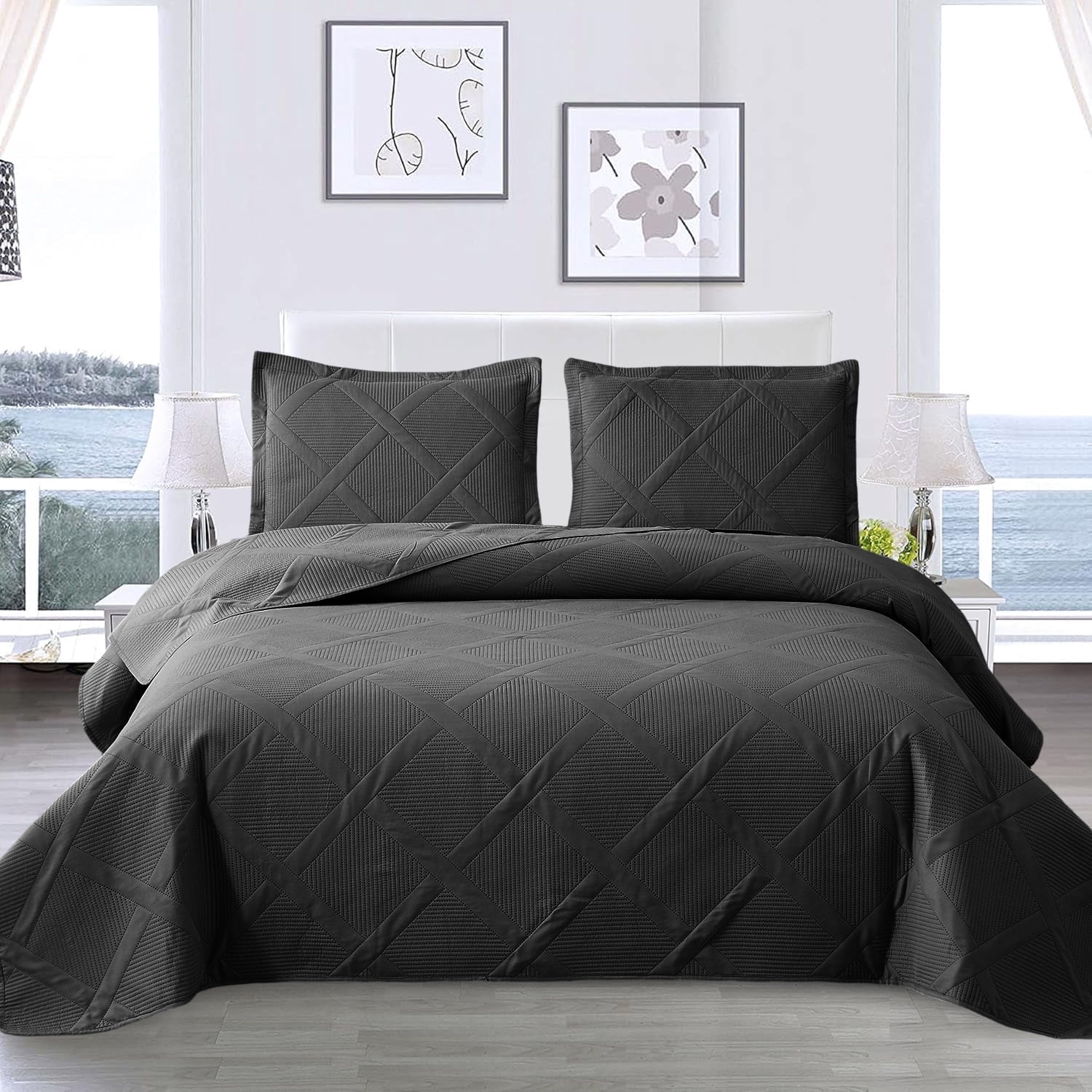Beartech Quilt Set King Size Black Bedspread Coverlet Microfiber