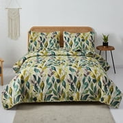 Anray Home Quilt Set King Size Green Branch Yellow Leaves Quilt Lightweight Reversible Microfiber Bedspread Coverlet Bedding Set