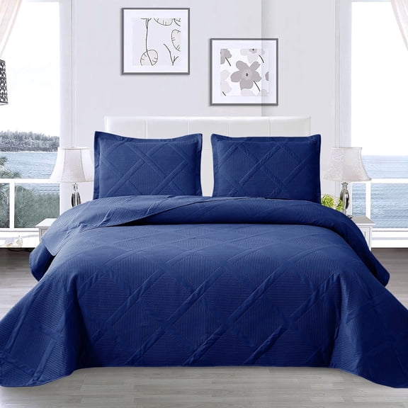 Beartech Quilt Set King Size Navy Blue Bedspread Coverlet Microfiber Bedding Lightweight Reversible Set