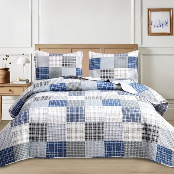 Beartech Quilt Set King Size Stripe Plaid Bedspread Coverlet Cloud Mist Plaid Microfiber Bed Microfiber Bedding Lightweight Reversible Set