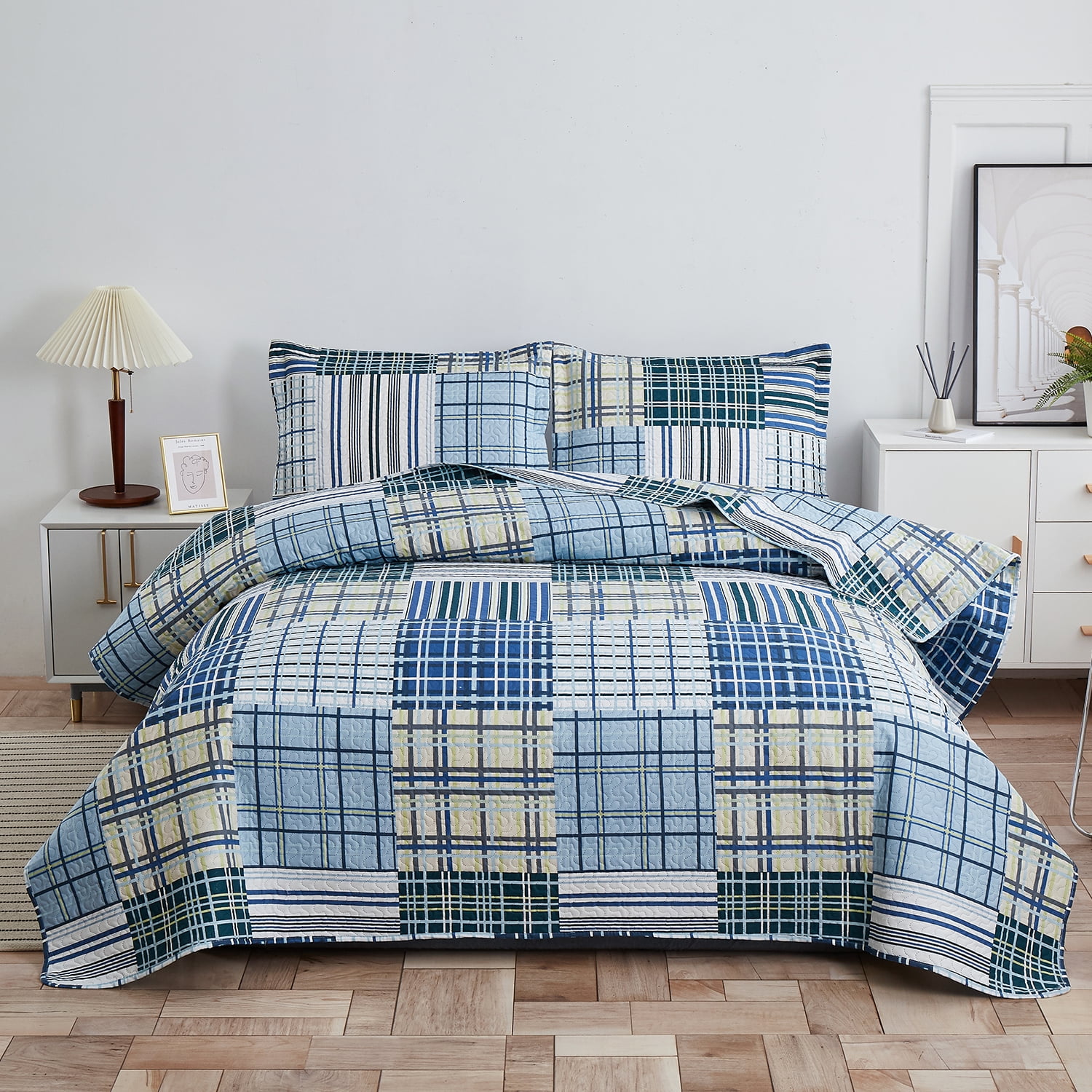 Anray Home Quilt Set Queen Size Blue Stripe Plaid Bedspread Coverlet